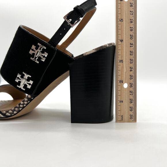 TORY BURCH Kira Suede Snake Embossed Sandal Womens 9 Black Block Heel Python - Picture 13 of 13